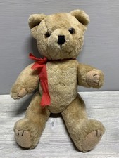 Teddy Bear Plush Stuffed Animal Tan Brown Red Ribbon Felt Paw Pads Classic Soft