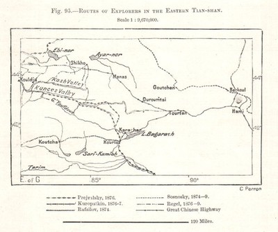 Routen der Entdecker im östlichen Tian-shan. China. Skizzenkarte 1885 alt