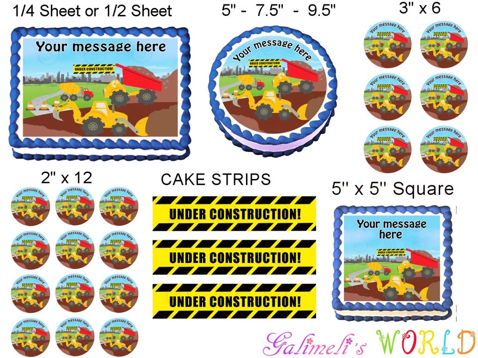 CONSTRUCCIÓN DE CAMIONES Imagen de Cumpleaños Comestible Topper de Pastel Foto 2 de 2