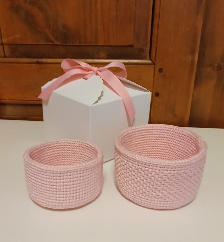 Set Of 2 New Handmade Crochet Baskets In Pink Cotton With Gift Box