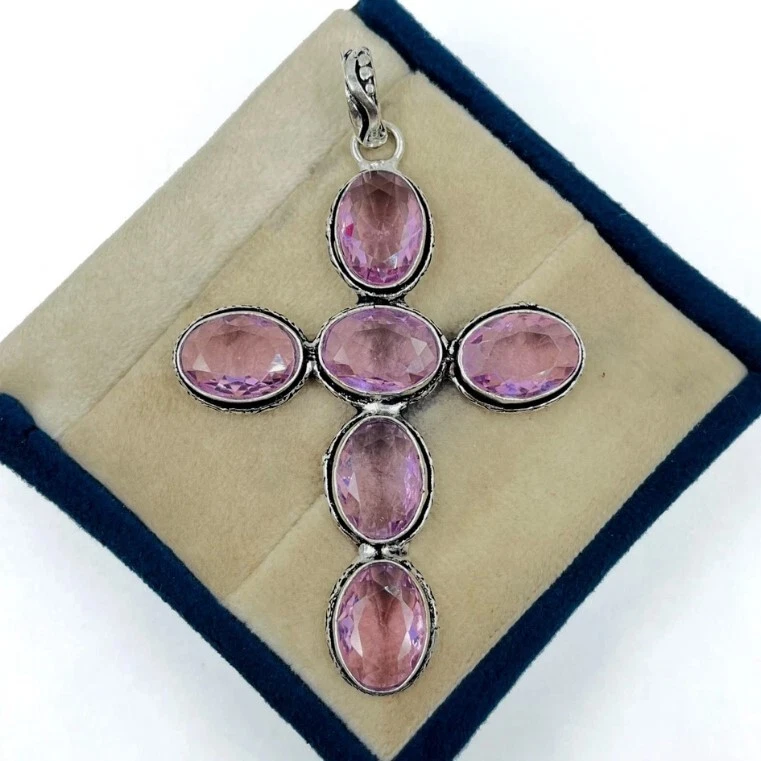 Colgante Cruz Topacio Rosa Plata de Ley 925 Hecho a Mano Piedras Preciosas Joyería Regalo para Foto 4 de 4