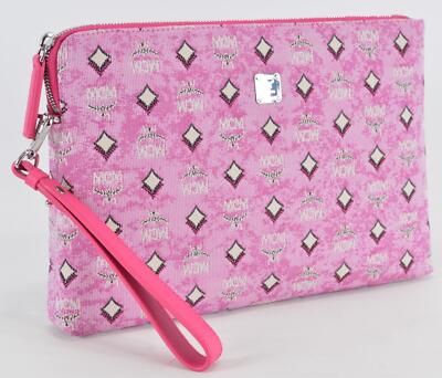 New MCM Jacquard Leather Veritas Visetos Logo Wristlet Purse Clutch Pouch PINK