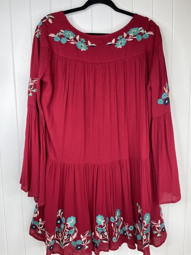 Altar’s State Bohemian Red Embroidered Floral Festival Tunic Top Dress Sz Medium - Picture 2 of 9
