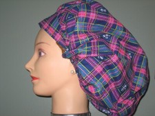 Surgical Scrub Hats/Caps Winter  Blue  Pink Plaid and white Snowflakes