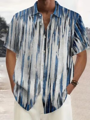 Plus Size Men Blue Hawaiian Gradient Stripe Pattern Button Up Shirt Short Sleeve