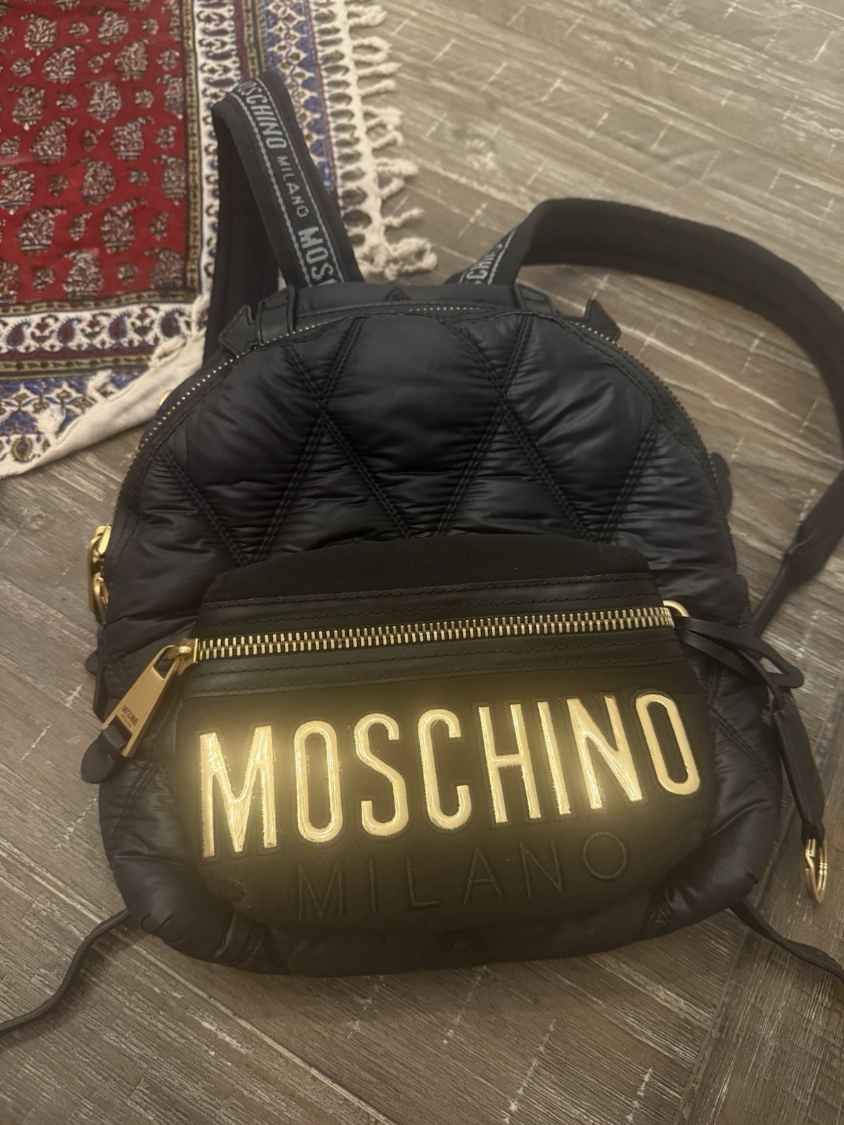Moschino Logo Mini Backpack Quilted Black × Gold Adjustable Leather Strap USED