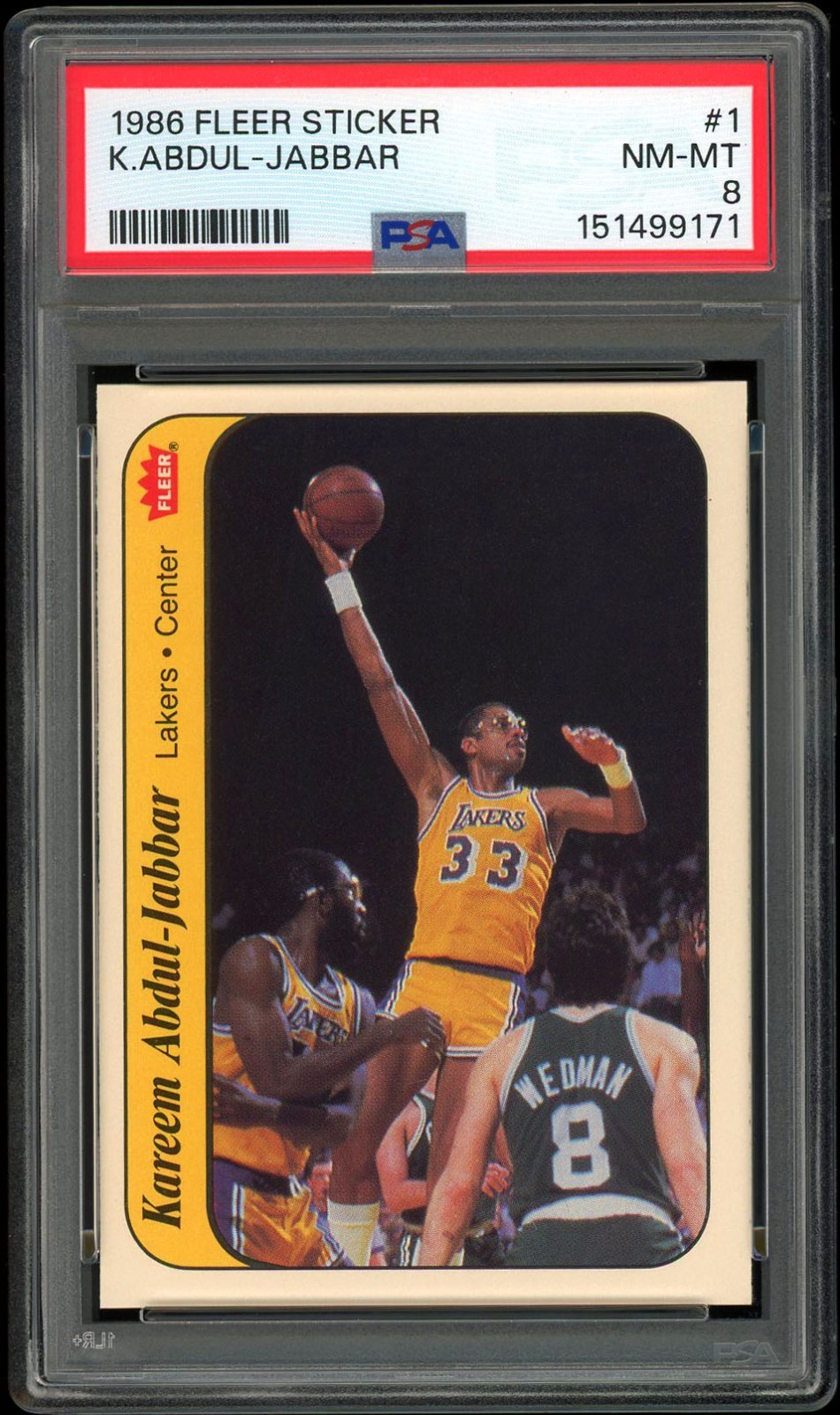 Kareem Abdul-Jabbar 1986 Fleer Sticker 1 PSA 8 NM-MINT LAKERS HOF view 1