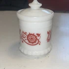 Vintage Hazel Atlas Milk Glass Container Jar W/Lid Sweet Pea Design Red & White.