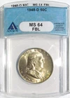 1948-D FRANKLIN Silver Half Dollar ANACS MS 64 FBL