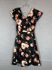 Fantaist Dress Womens Large Black Floral Wrap Short Sleeve Fit Flare Belted Boho