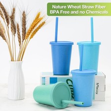 4 Pack Wheat Straw Cups with Lid and Straws, 10 Oz Unbreakable Kids Cup, Reusabl