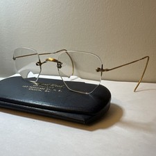 Vintage Antique Hardy 12K Gold Filled Hex Rimless Wire Frame Eyeglasses w/ Case