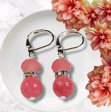 Pink Jade Gemstone  Crystal Earrings Silver Leverback Handmade