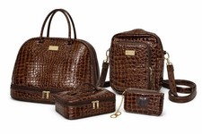 Moira C Luxury Croc Embossed Brown Handbag Set Shoulder Bag & Makeup Pouch