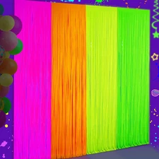 4 Pack Glow in Dark Tinsel Curtains 3.3x6.6ft Neon UV Party Backdrop