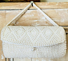 Vtg BON SOIR Beaded PEARL Handbag Formal Prom Wedding Clutch Purse Handle JAPAN