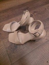A New Day Beige Strappy Block Heel Sandals Ankle Strap Buckle Faux Leather