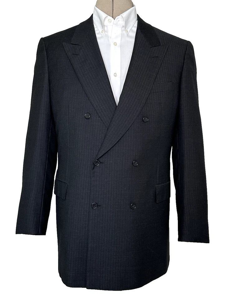 Blazer Brioni Neiman Marcus TIBERIO Hombre 46L Negro Rayas Doble Pecho Lana Italia Foto 2 de 4