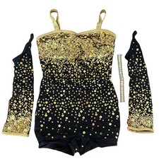 Weissman Dance Leotard Size MC Costume Black Gold Sequins Gloves Accessories