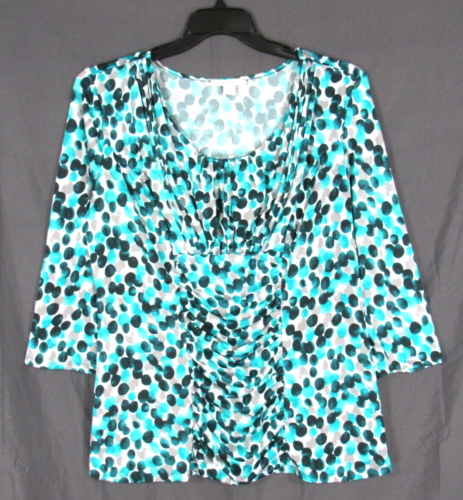 DRESSBARN Teal/Gray POLKA DOTS Stretchy Knit 3/4 SLEEVE Pleated Ruched TOP Sz XL