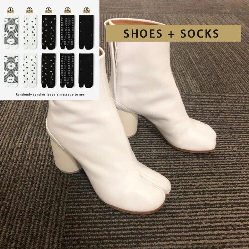 2023 Botas Punta Dividida Gruesas Tacón Alto Botas Cuero Zapatos Mujer Moda Otoño - Imagen 35 de 44