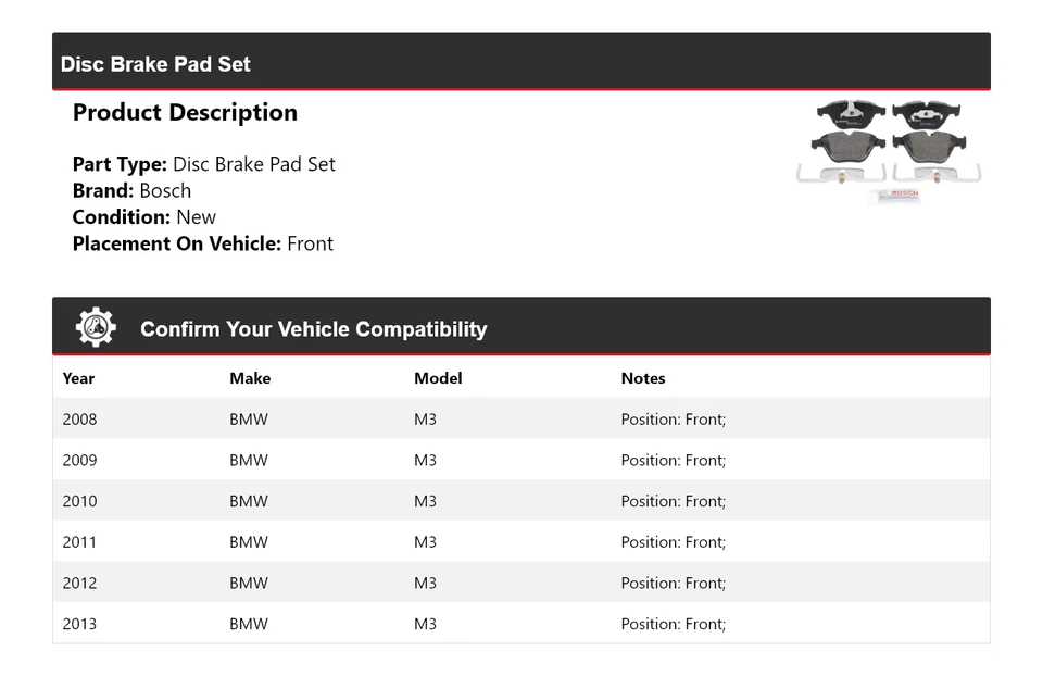 For 2008-2013 BMW M3 Bosch QuietCast Semi-Metallic Brake Pads Front 2009 2010 — 第 2/4 张图片