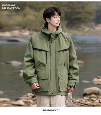 Spring Hooded Jacket Men Outdoor Wind Workwear Multi Pocket