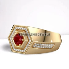 Vivid Ruby Round Cut With 925 Silver Gold Plated Ring For Men #B316