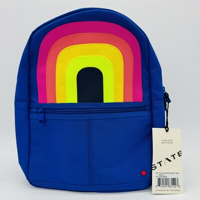State Bags Kane Kids Mini Travel Backpack In Blue with Rainbow Fast Shipping