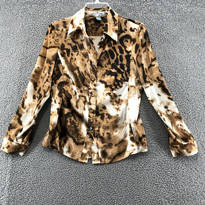 Too-She-She Womens Long Sleeve Fitted Button Up Silk Blouse Leopard Size S
