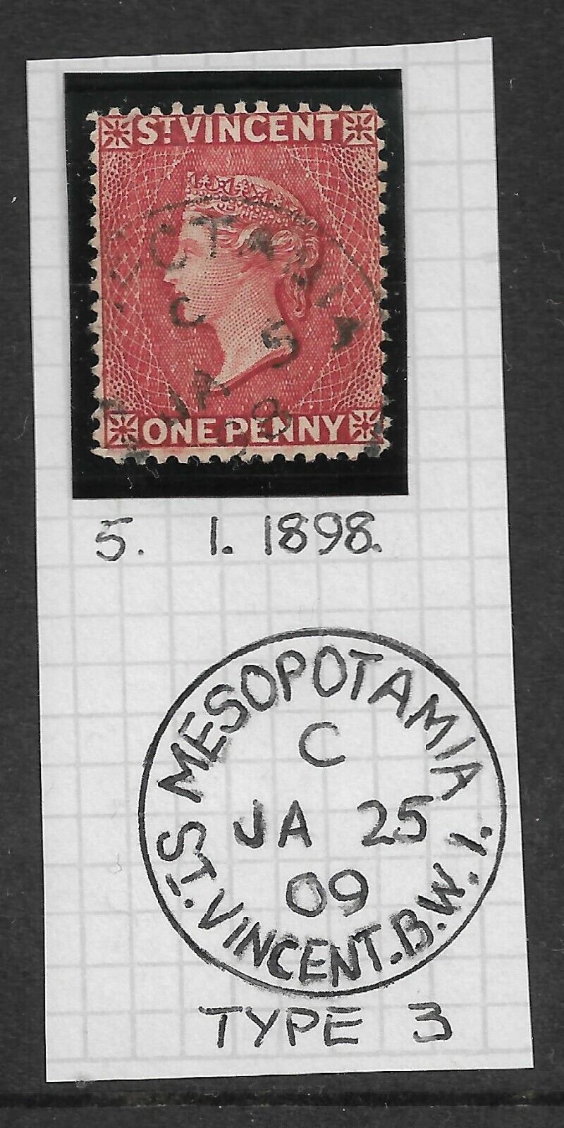 ST VINCENT RARE MESOPOTAMIA CANCEL ON VICTORIA  1d RED 1898 MY R