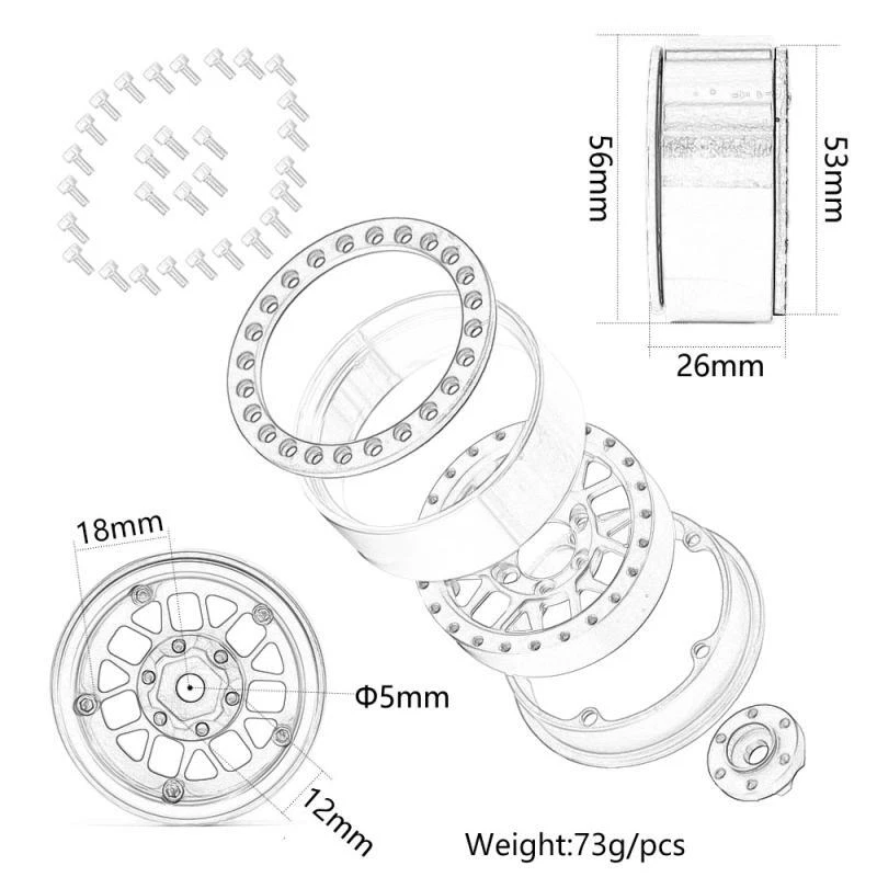 4PCS Aluminum 1.9 Beadlock Wheel Rims for 1/10 RC Crawler Car Axial SCX10 TRX4 - Image 3 of 4