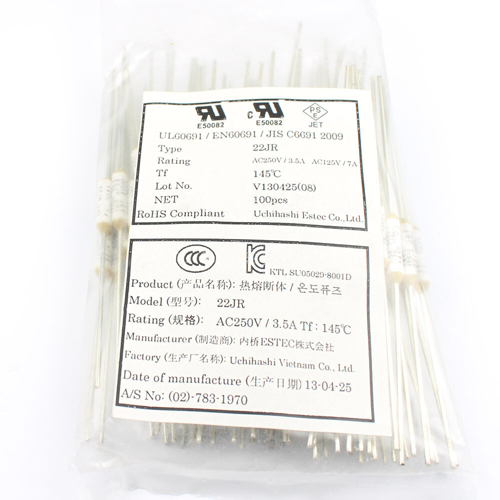 10Pcs ELCUT UMI Microtemp Thermal Fuse Axial 22JR 145℃ 3.5A 250V / 7A
