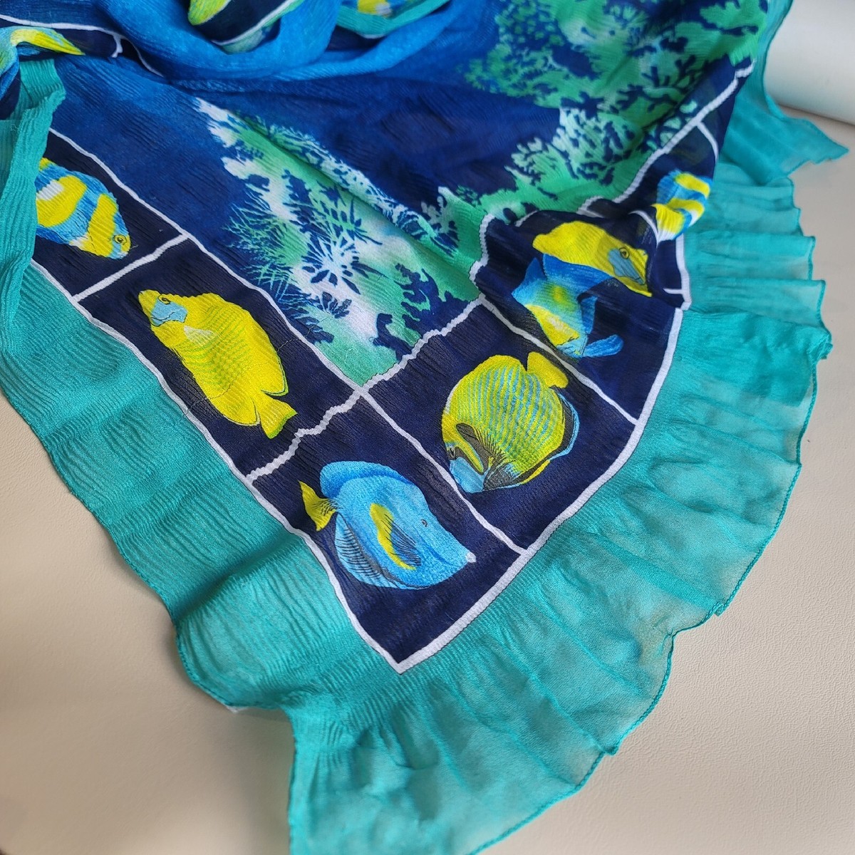 VTG Women's Blue Green SCARF Tropical Ocean Fish Shawl Crinkle