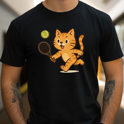 Tennis Cat T-Shirt - Funny Sports Theme with Cat & Racket, Unisex