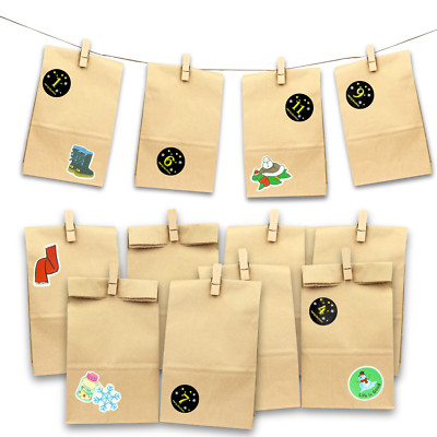 DIY-Adventskalender zum Befüllen, SET mit Papiertüten, Klammern, Stickern