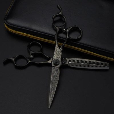 Professional 6 Inch Upscale Black Damascus Pattern hair scissors cutting barber