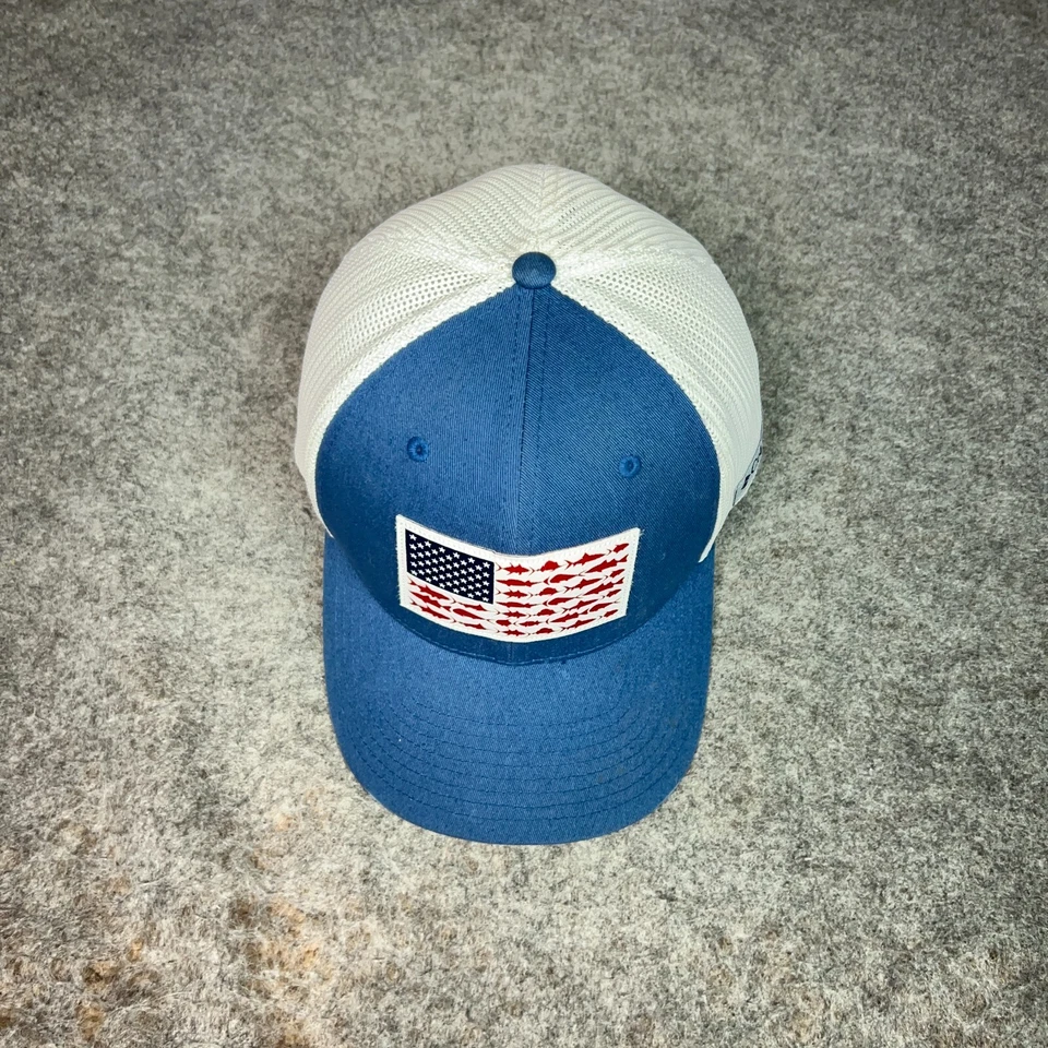 Columbia Mens Hat Cap Large Blue White PFG Flex Fishing USA Flag Gorp Logo - Image 3 of 4