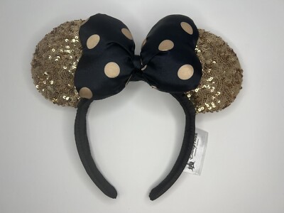 Disney Ears Gold Sequins Black Polka Dot Bow Minnie Headband Disney Parks Black Gold Polka Dot Bow Minnie Mouse Gold  main image 2