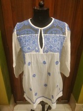 HANDMADE M 40" TUNIC ETHNIC CHIKAN EMBROIDERY 100 COTTON TOP BLOUSE KURTA KURTI