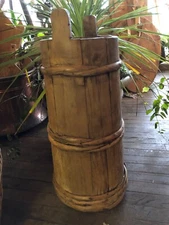 Early Primitive Wood-Staved Butter Churn/Firkin w/BentwoodTwig Bands~PR691-M