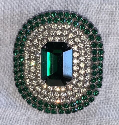 Vintage 40s-50s Art Deco Green Clear Rhinestone Brooch Pin Rhodium Weiss? - Foto 1 di 4