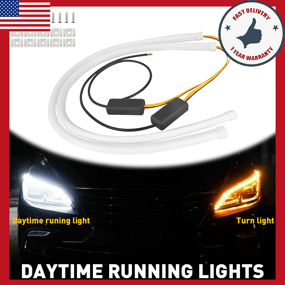 2x 60cm LED DRL Switchback Tube Light Strip Amber Sequential Flow Turn Signal US