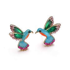 Colorful Hummingbird Bird Stud Earrings Crystal Enamel Metal Animal Earrings Stu