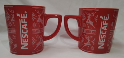Set of 2 Nescafe Red Reindeer and Snowflakes 11 oz Coffee Cup Mugs Christmas Set