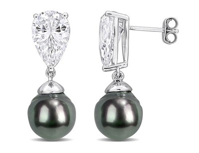 10mm Black Tahitian Pearl Lab-Created White Sapphires Dangle Earring Silver