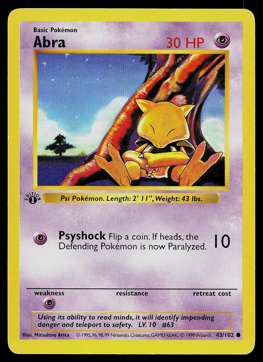 Pokemon Card - Abra 1st Edition Base Set (Shadowless) 43/102 Pokemon Card - Abra 1st Edition Base Set (Shadowless) 43/102