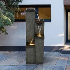 Rustic Cascading Pot Fountain – Outdoor Waterfall Style with Warm Ambient Glow