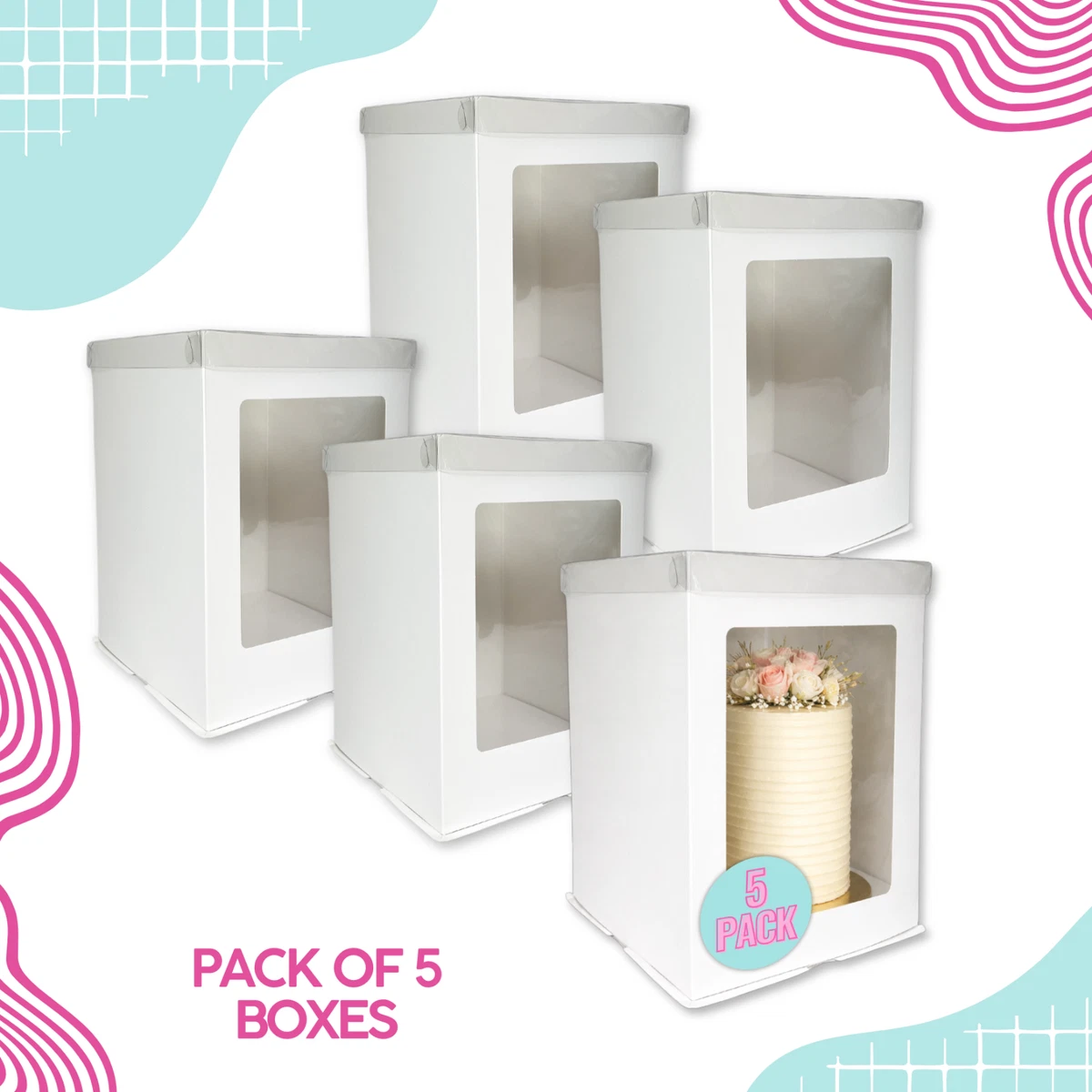 10" Extra hohe weiße Kuchenboxen mit klarem Deckel und vollem Schaufenster (5er Pack)