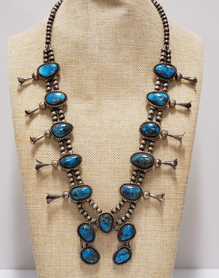 Old Pawn Native American Sterling Silver Squash Turquoise Necklace    -5